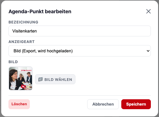 Modal: Agenda-Punkt bearbeiten, Anzeigeart Bild