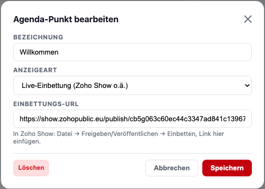 Modal: Agenda-Punkt bearbeiten, Anzeigeart Live-Einbettung
