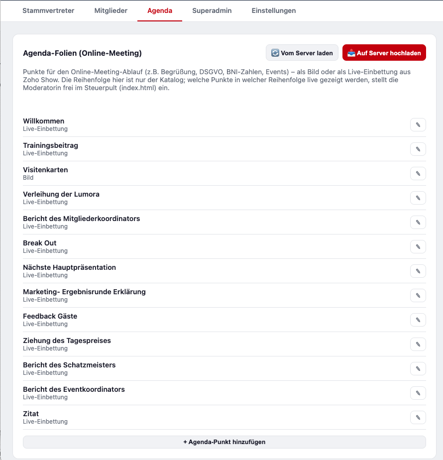 Admin-Panel Agenda-Tab mit Liste der Punkte