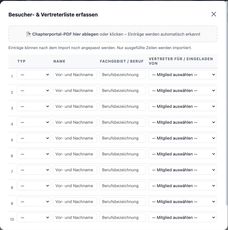 Modal: Besucher- und Vertreterliste per PDF importieren